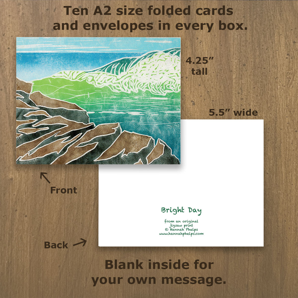 Note cards showcasing a jigsaw print by New England artist, Hannah Phelps, of surf on the Maine coast.