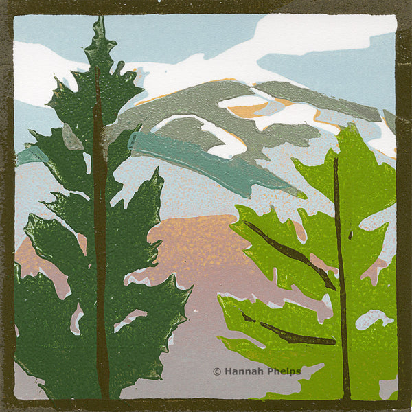 Evergreen View, color woodblock print