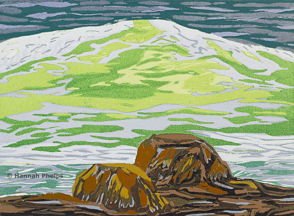 A woodblock seascape of York, ME by artist Hannah Phelps
