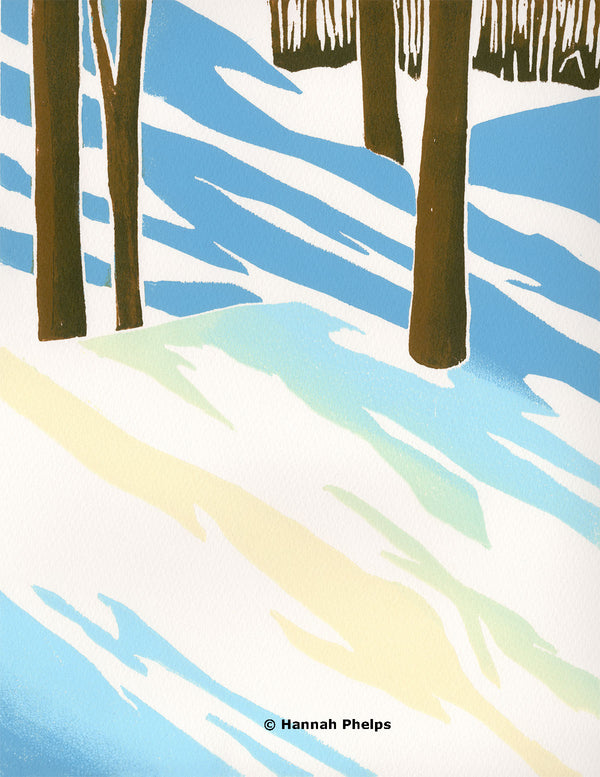 Snow in the woods of New Hampshire on a sunny day by artist Hannah Phelps