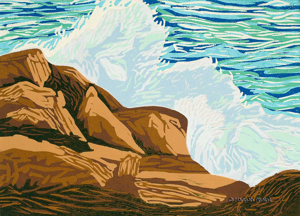 woodblock of a wave crashing on a rock in Maine