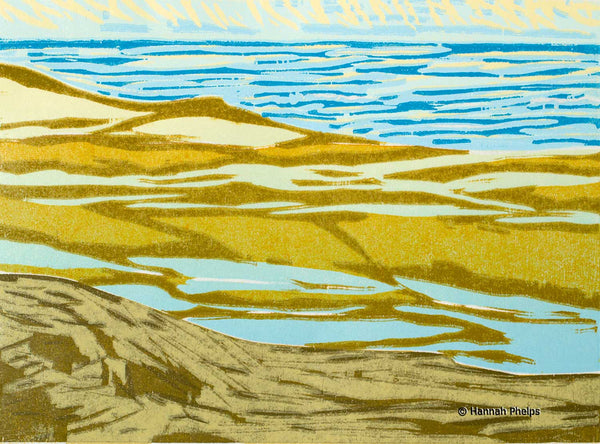 A jigsaw reduction woodblock print of a New England beach by artist Hannah Phelps