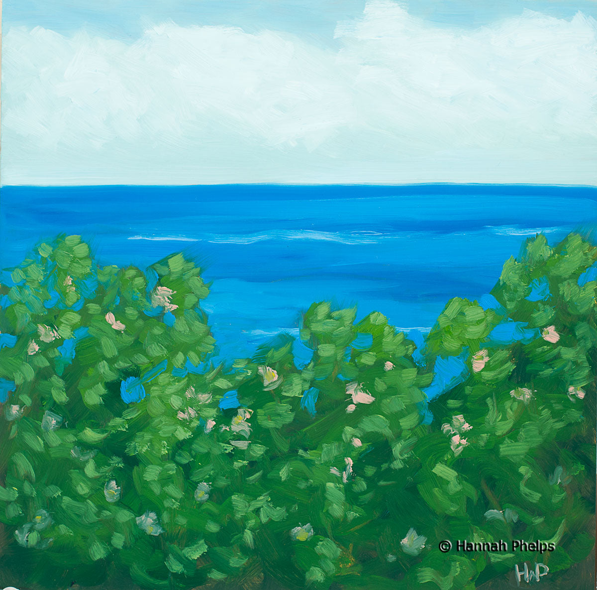 Oil painting of a beach roses by the ocean in Rye, NH by New England artist Hannah Phelps