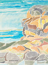 A white-line woodcut of the rocky coast of Maine