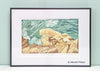 Framed jigsaw print of a dog on the rocky coast of Maine by New England artist, Hannah Phleps
