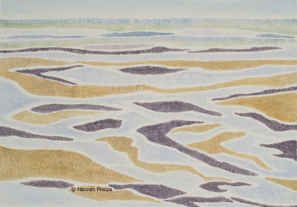 A white-line woodcut of a New England beach