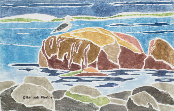 Low Tide Seat, white-line woodcut print