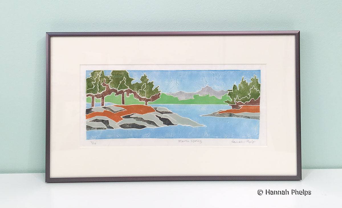 Framed jigsaw print of a marsh scene by New England artist, Hannah Phleps