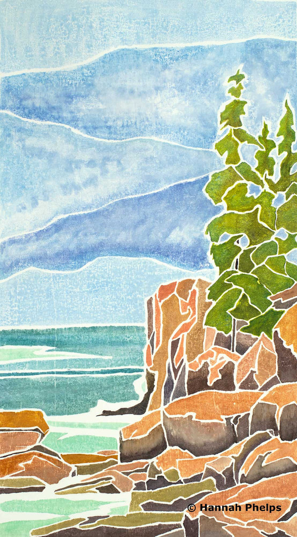 Steadfast, Acadia National Park, white-line woodcut print