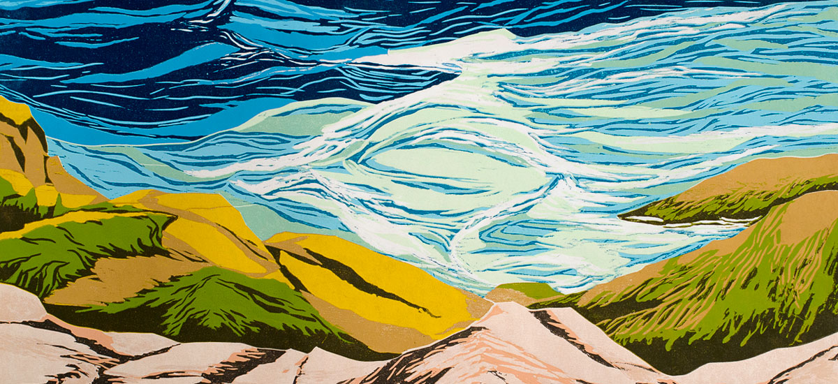 Turbulence on Appledore, jigsaw reduction woodblock print