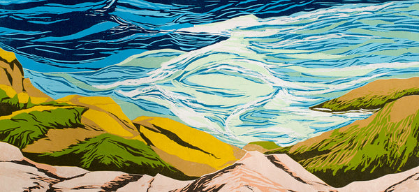 Turbulence on Appledore, jigsaw reduction woodblock print