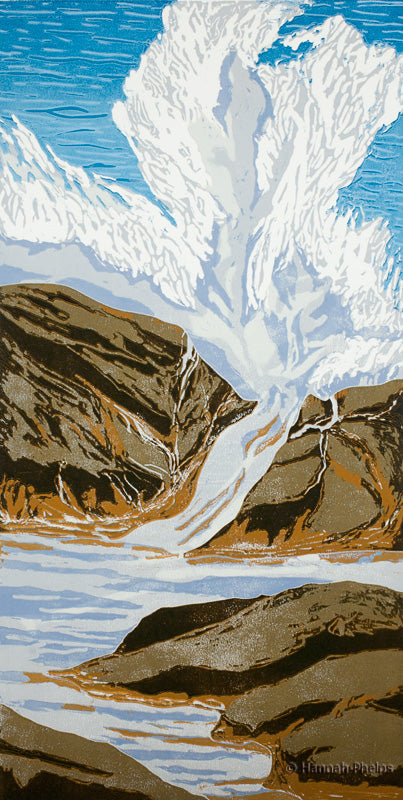 Upright Wave, jigsaw reduction woodblock print