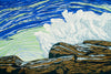 woodblock print of a wave crashing on a rock in Maine by artist Hannah Phelps