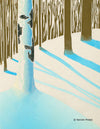 Hand-pulled woodblock print of a snowy forest by artist Hannah Phelps