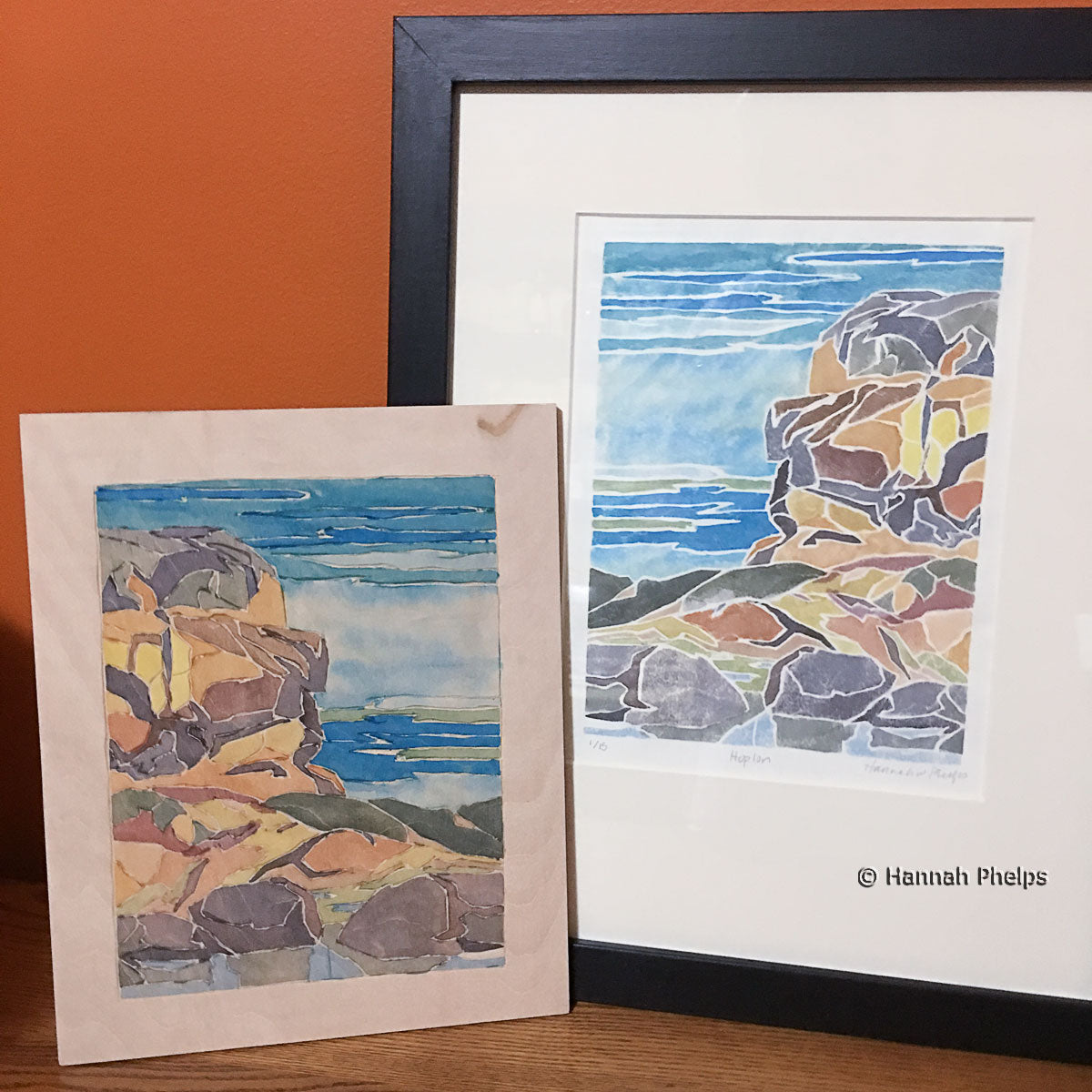 White-line woodcut print framed next to the block by New England artist, Hannah Phelps