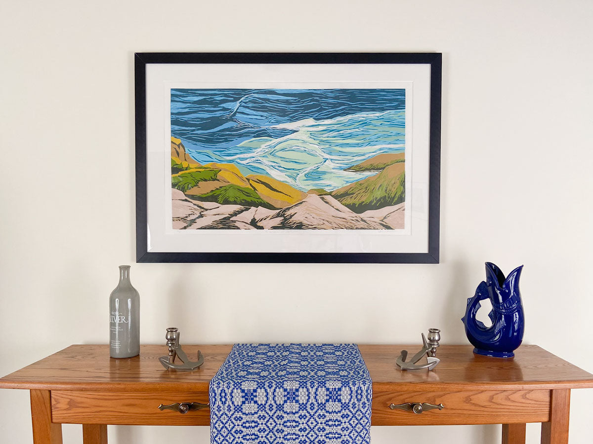 Turbulence on Appledore, jigsaw reduction woodblock print