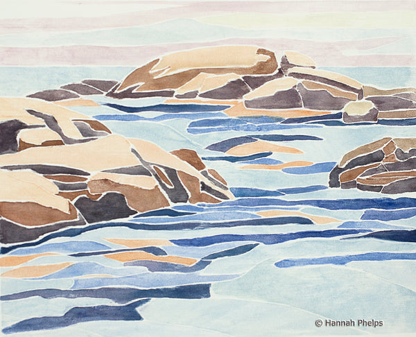 Calm Day at Fort Stark, white-line woodcut print