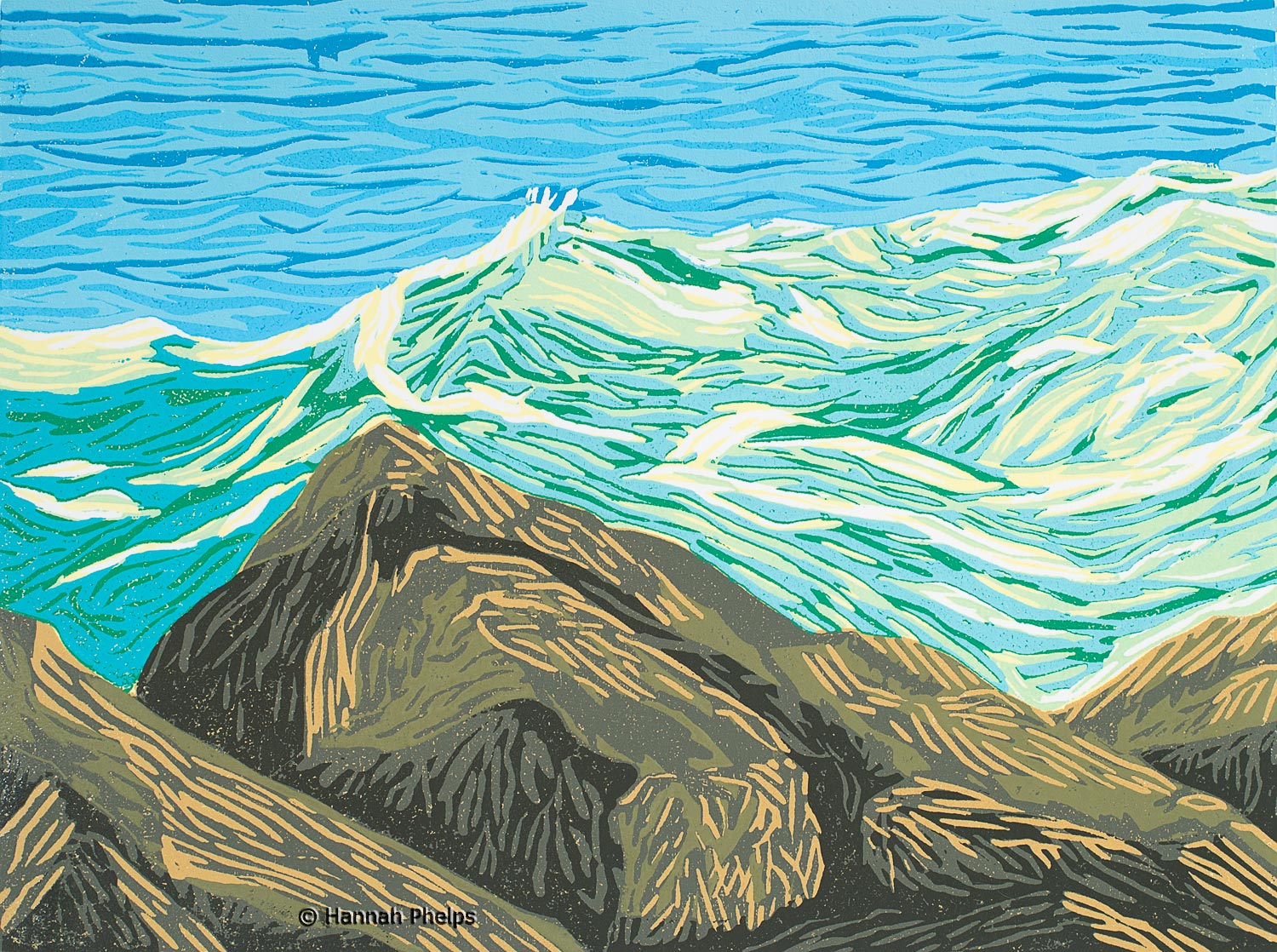 woodblock print of a wave crashing on a rock in Maine by artist Hannah Phelps