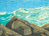 woodblock print of a wave crashing on a rock in Maine by artist Hannah Phelps