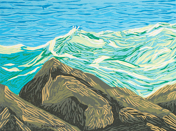 woodblock print of a wave crashing on a rock in Maine by artist Hannah Phelps