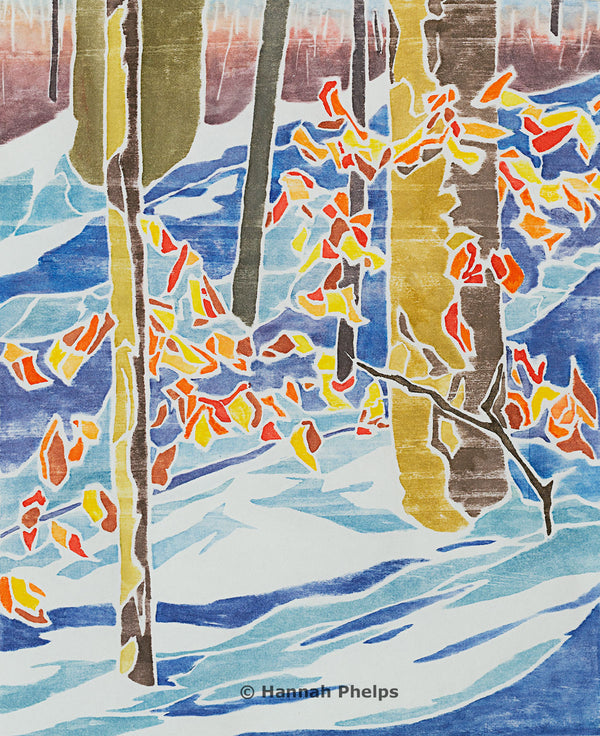 White-line woodcut of woods in winter by New Hampshire artist, Hannah Phelps.