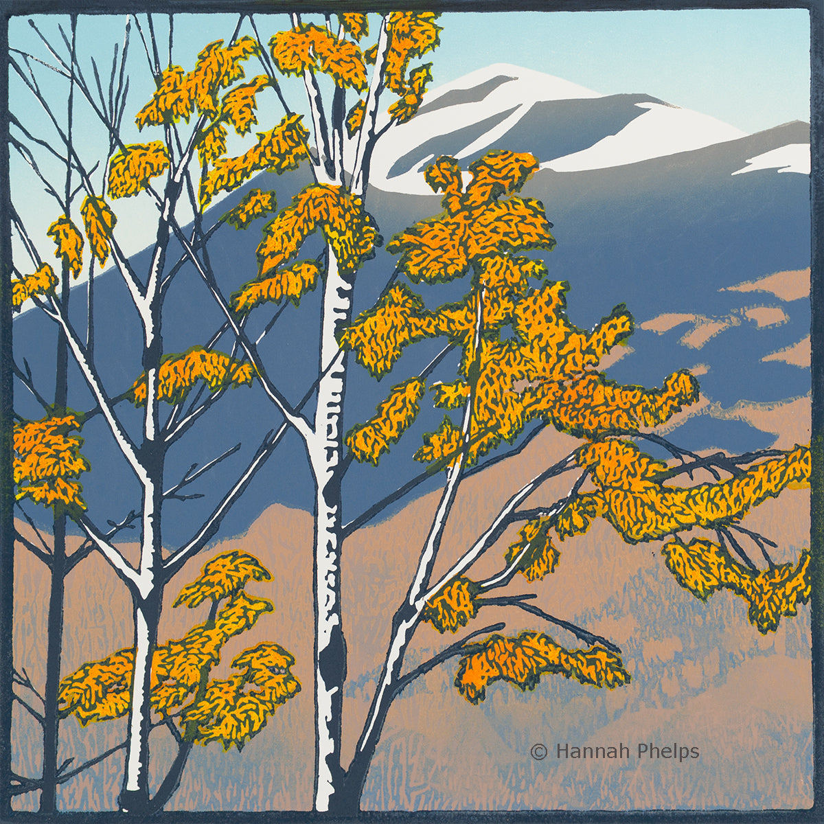 Late Leaves and Snowy Peaks, color woodblock print
