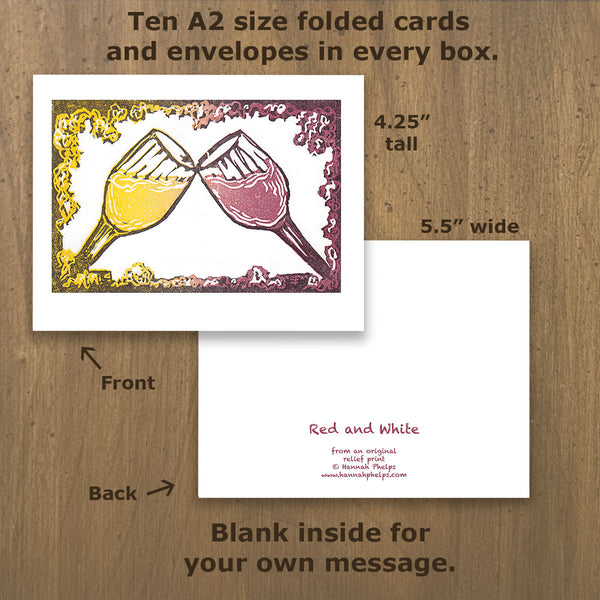 Note cards showcasing a relief print by New Hampshire artist, Hannah Phelps, of wine glasses.