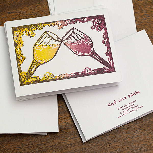 A2 size note cards with a handmade print of wine glasses by New Hampshire artist, Hannah Phelps.