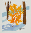Block print of a beech tree in the winter woods by New Hampshire artist Hannah Phelps.