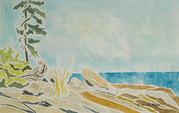 A white-line woodcut of the rocky coast of Maine