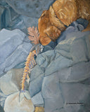 oil painting of a golden retriever puppy sniffing a dead fish by artist Hannah Phelps
