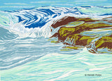 woodblock of a wave crashing on a rock in Maine