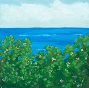 Oil painting of a beach roses by the ocean in Rye, NH by New England artist Hannah Phelps