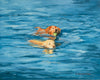 Oil painting of a Golden Retriever dogs playing in the sea by New England artist Hannah Phelps