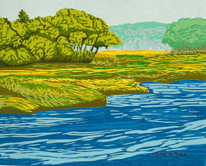 A woodblock print of a marsh in Maine