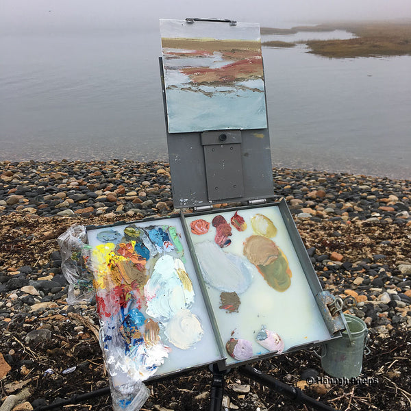 Artist Hannah Phelps' Strada easel set up in a foggy marsh in Maine.