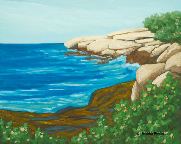 Oil painting of a beach roses by the ocean in Rye, NH by New England artist Hannah Phelps