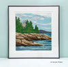 Framed jigsaw reduction woodblock print of a summer home in Maine by artist Hannah Phelps