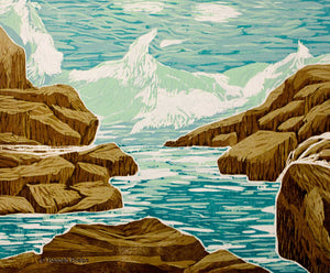 woodblock of a New England wave crashing