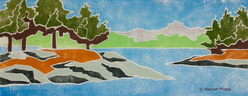 A jigsaw block print of a marsh in Maine