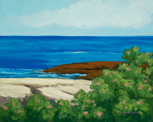 Oil painting of a beach roses by the ocean in Rye, NH by New England artist Hannah Phelps