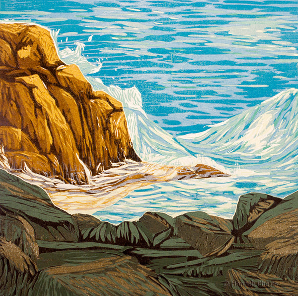 woodblock of a wave crashing on a rock in Maine