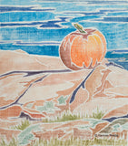 A white-line woodcut of a pumpkin and the ocean by New England artist Hannah Phelps.