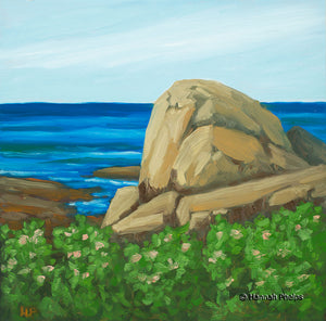 Oil painting of a beach roses by the ocean in Rye, NH by New England artist Hannah Phelps