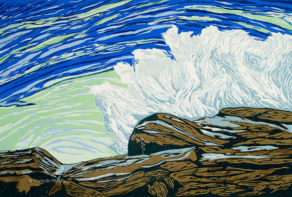 woodblock print of a wave crashing on a rock in Maine by artist Hannah Phelps