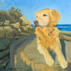 Oil painting of a golden retriever dog sitting on a rock by New England artist Hannah Phelps