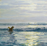 Oil painting of a Golden Retriever dog playing on the beach by New England artist Hannah Phelps