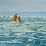 Oil painting of a Golden Retriever dogs jumping waves on a beach by New England artist Hannah Phelps