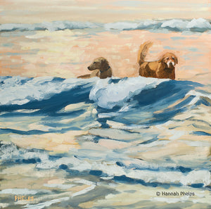Oil painting of two golden retriever dogs on a beach in New England by artist Hannah Phelps.