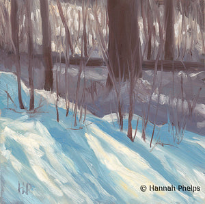 Oil painting of the snowy woods by New England artist Hannah Phelps